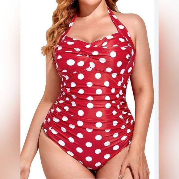 YONIQUE Womens Red & White Polka Dot Convertible Pin Up Swimsuit NWT Plus Sz. 22 - Picture 1 of 10